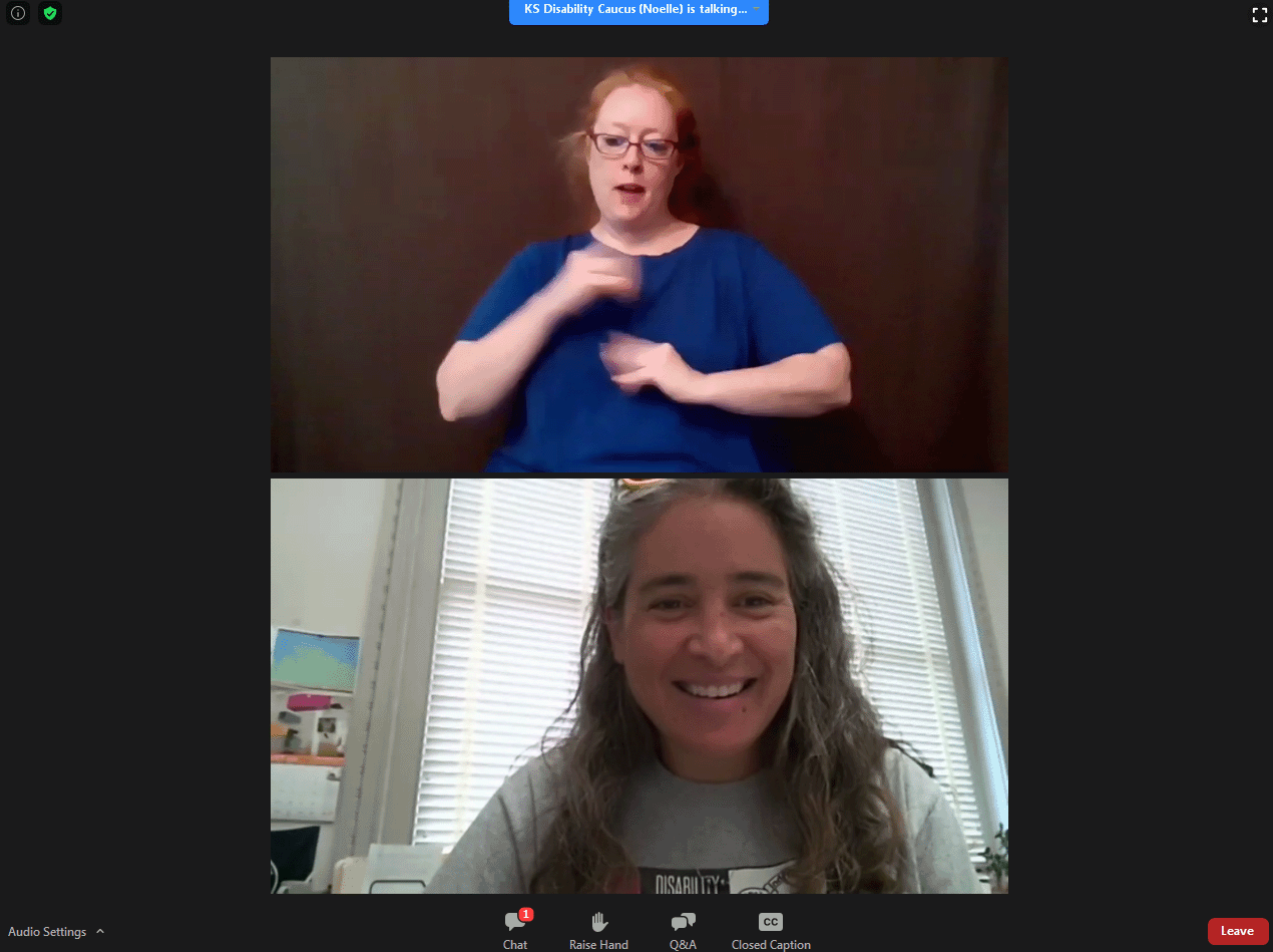 A screenshot of a Zoom presentation. Two images are positioned vertically. Top: A woman with red hair pulled away from her face, glasses, and a blue top is positioned in front of a dark colored wall. Her hands are blurred due to movement. She is an ASL interpreter. Bottom: A woman with long dark/grey hair is smiling as she speaks into the camera. She has on a light grey top. She is in a room with white walls, tall windows and posters or a calendar on the wall. She is the presenter.