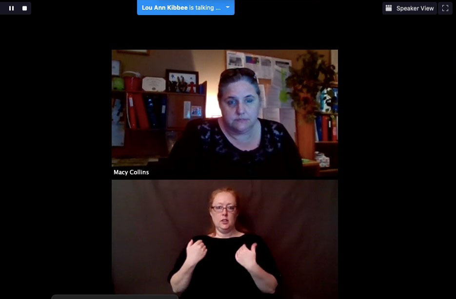 A screenshot of a Zoom presentation. Top: A blue rectangle alert says "Lou Anne Kibbee is talking..." Center: Two images are positioned vertically. Top - a white woman with dark hair pulled away from her face is looking into the camera. She is wearing a dark top. She appears to be in an office with dim lighting. There is a desk behind her to the left with items decorating it. Behind her to the right is a large corkboard on the wall with notes attached to it. Further right is a tall plant. The image says "Mary Collins" in the bottom left corner. Bottom - a white woman with glasses and her hair pulled back is wearing a black top. She is positioned in front of a dark background. Both of her hands are gesturing inward towards her shoulders. She is the ASL interpreter.