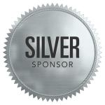 A silver/light grey circle with points around it like a sun. It is a badge.
Large, bold black text: Silver
Smaller black text: Sponsor