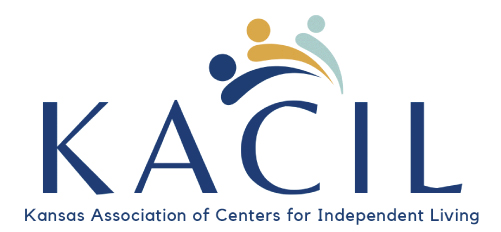 KACIL logo- Kansas Association of Centers for Independent Living, three different colored people outlines above logo