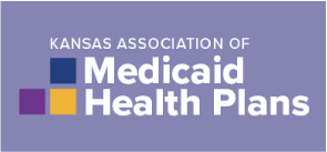 Kansas Association of Medicaid Health Plans logo with purple background and blue, purple, and yellow small squares