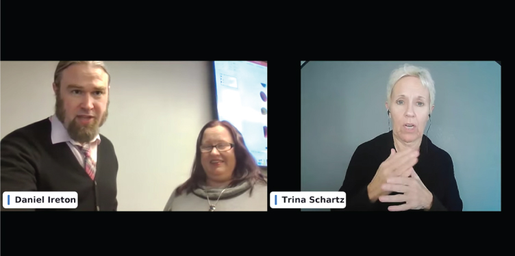 Screenshot of the speakers, Daniel and Angie, along with interpreter Trina.